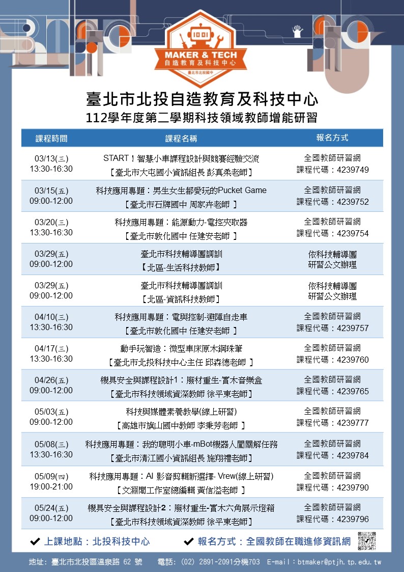 北投自造教育及科技中心辦理「112學年度第二學期教師增能研習課程」