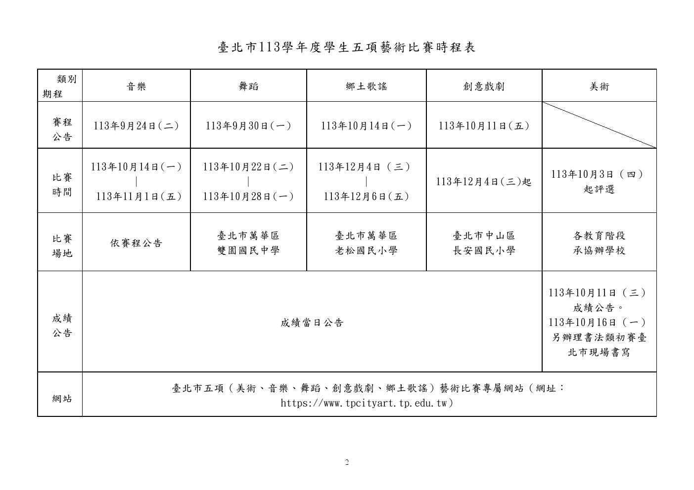 臺北市113學年度學生五項藝術比賽時程表(公告)02